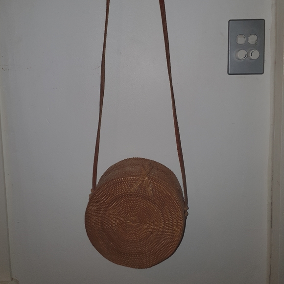 Tan Round Rattan Crossbody Bag - Picture 2 of 2